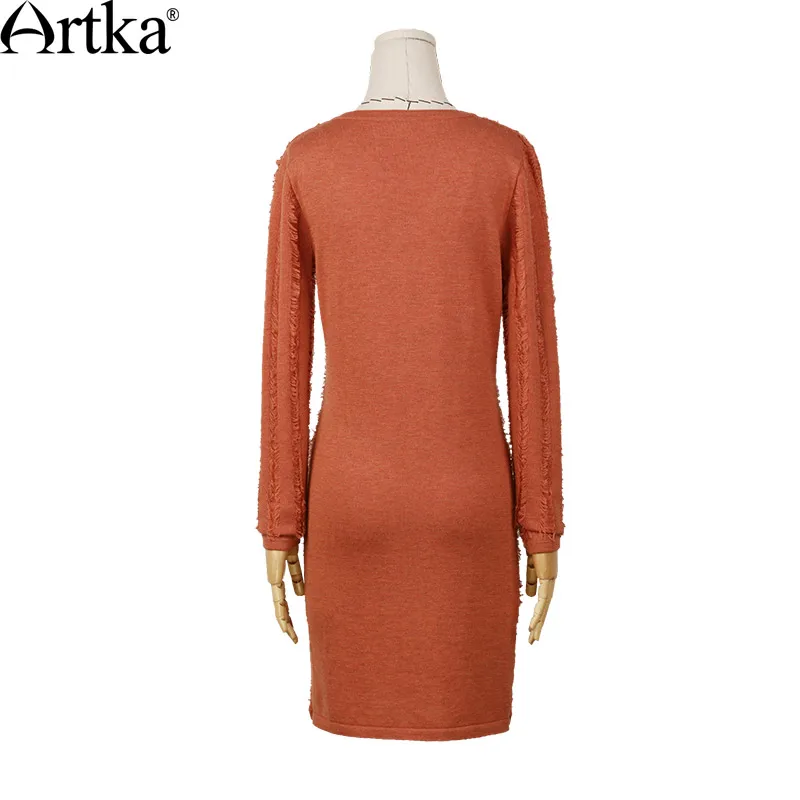 

ARTKA Women's 2018 Autumn 4 Colors Vintage Knitted Sheath Dress Fashion V-Neck Long Sleeve Tassels Decoration Dress LB10965Q