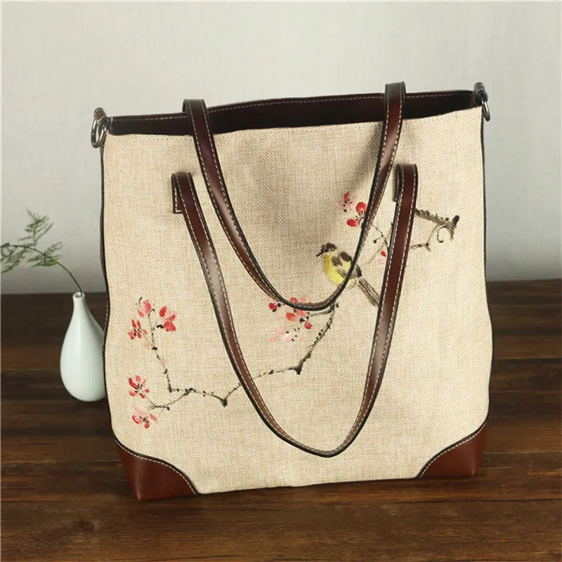 Китайский национальный стиль Холщовая Сумка через плечо PU ручная роспись Цветок