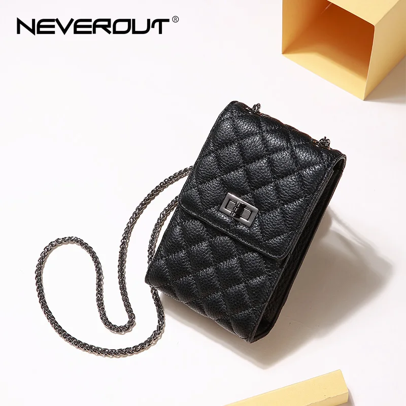 Black NEVEROUT сумка на плечо из натуральной кожи для женщин, кошелек для сотового телефона, женская маленькая стеганая сумка через плечо, Основная сумка-мессенджер - Цвет: Black