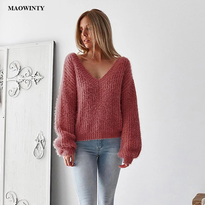 Свитер женский Осень Зима 2019 Повседневный свободный свитер с v-образным вырезом