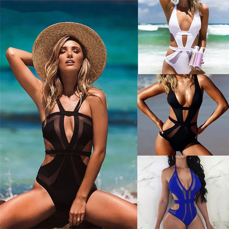 2019 Fashion Women One Piece Swimsuit Sexy Swimwear Push Up Bikini Lace Mesh Hollow Out Bathing Suit Monokini Summer Holiday | Спорт и