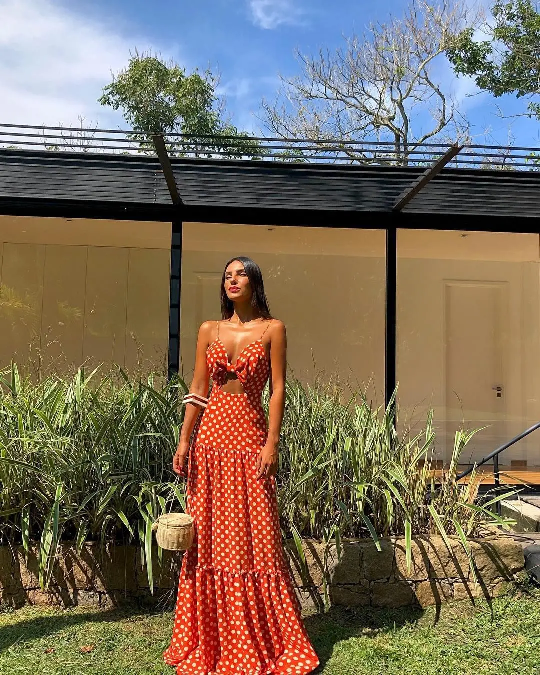 Платье макси в горошек с V образным вырезом без рукавов|Женские платья| |