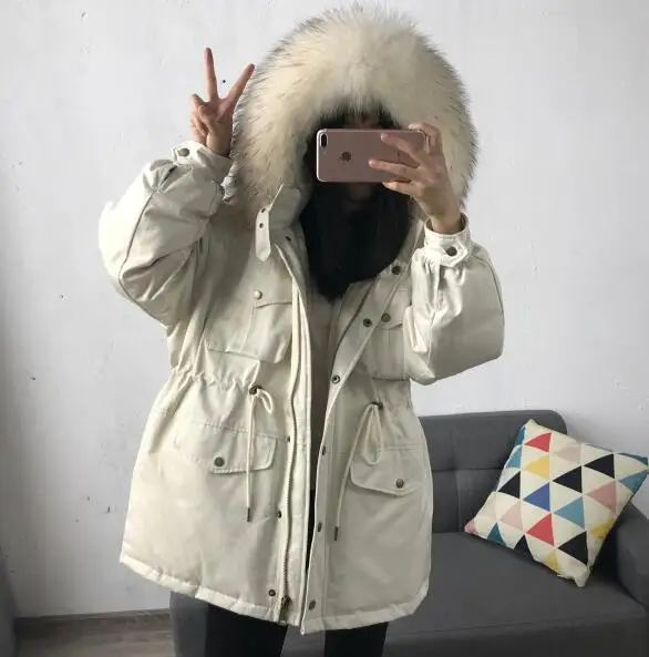 white jacket Большой воротник из натурального меха с капюшоном зимняя куртка-пуховик на белом утином пуху женское длинное пальто теплые парки Толстая Женская верхняя одежда розовый хаки - Цвет: white jacket