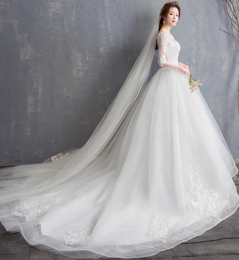 Свадебные платья со шлейфом новинка Vestidos de novia с круглым вырезом цвета слоновой