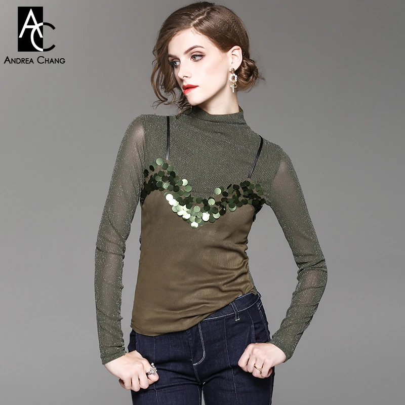 Блузка женская демисезонная с блестками темно зеленая|autumn women blouses|blouse transparentwomen