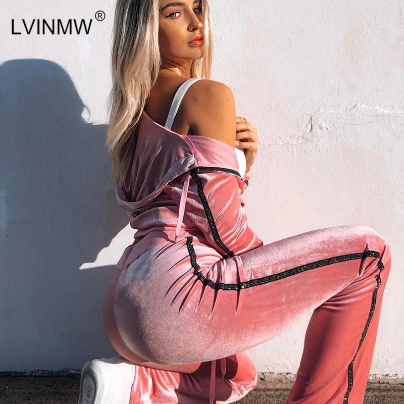 LVINMW Casual Velvet Two Piece Set Zip Side Striped Pocket Hoodies Female High Waist Drawstring Slim Pants Tracksuit Women New