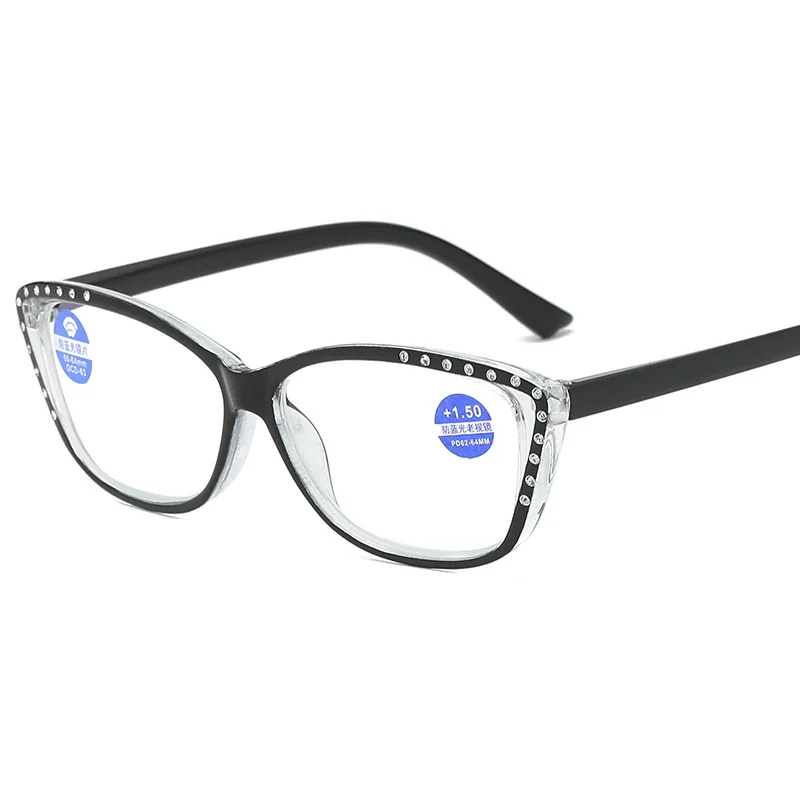 UVLAIK Women's Blue Light Blocking Glasses Ladies Anti-blue light Reading Glasses With Diamonds High-grade Spring Feet Eyewear - Цвет оправы: Черный