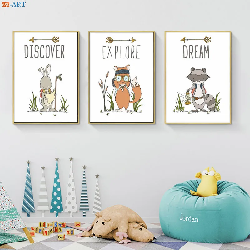 Настенная картина для детской комнаты постер с изображением леса енота кролика