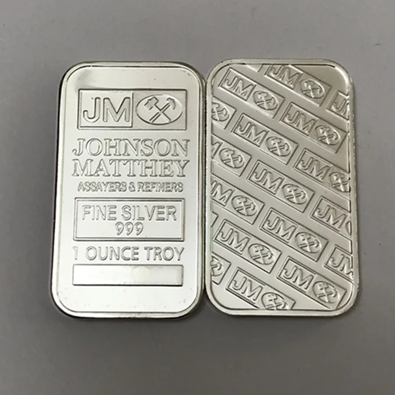 

10 pcs Non magnetic Johnson Matthey JM bullion bar silver plated ingot badge 50 mm x 28 mm collectible home decoration bars