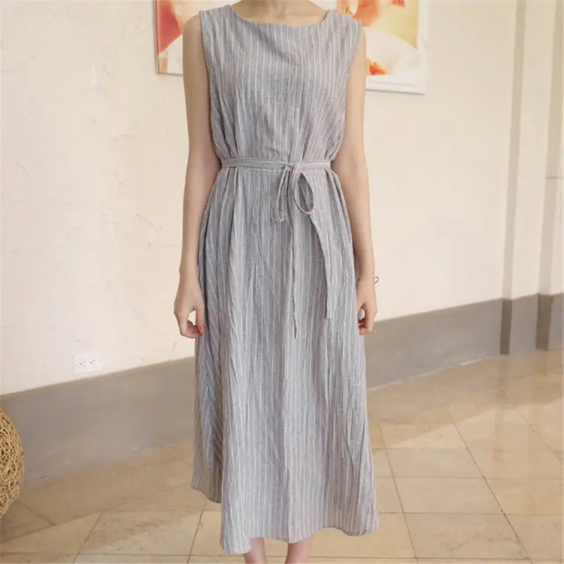 Женское платье в полоску с круглым вырезом без рукавов|Женские платья| |