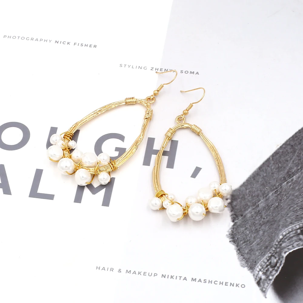 Vodeshanliwen Fashion Bohemian Water Drop Metal Twine Pearl Earrings For Women Vintage Statement Big 2019 New Jewelry | Украшения и