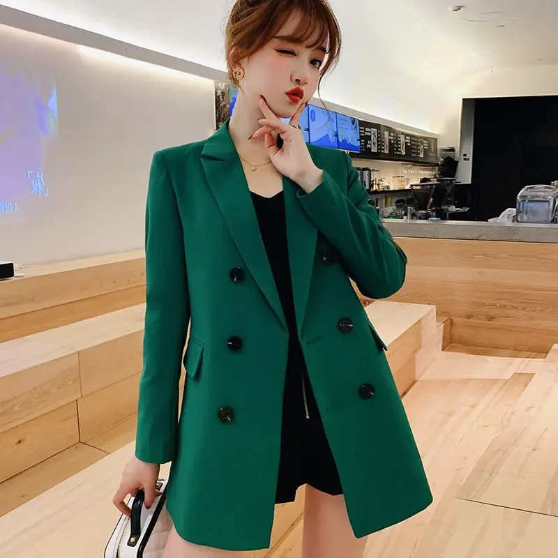

Ly Varey Lin Office Lady Double Breasted Medium Long Suit Coat Women Elegant Notched Collar Long Sleeve Casual Jacket Outerwear