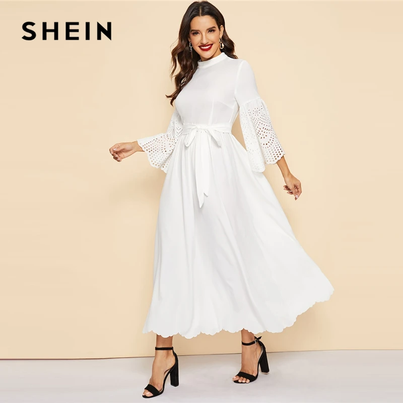 SHEIN Длинное Платье С Поясом И Кружевным Рукавом, Приталенное Платье С Кружевом, Макси Платье С Оригинальными Рукавами