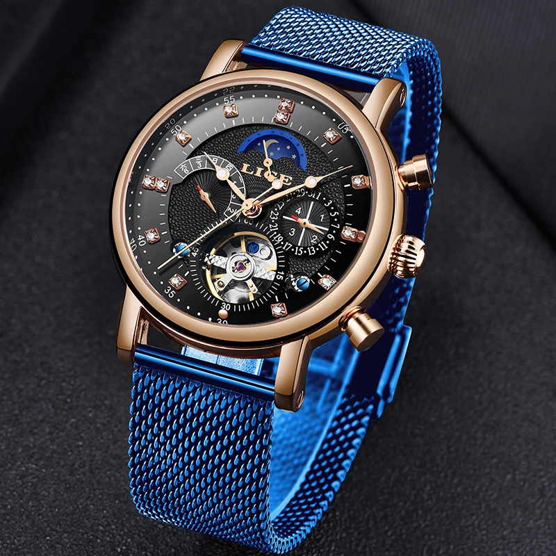 Часы наручные LIGE Мужские автоматические механические брендовые Роскошные