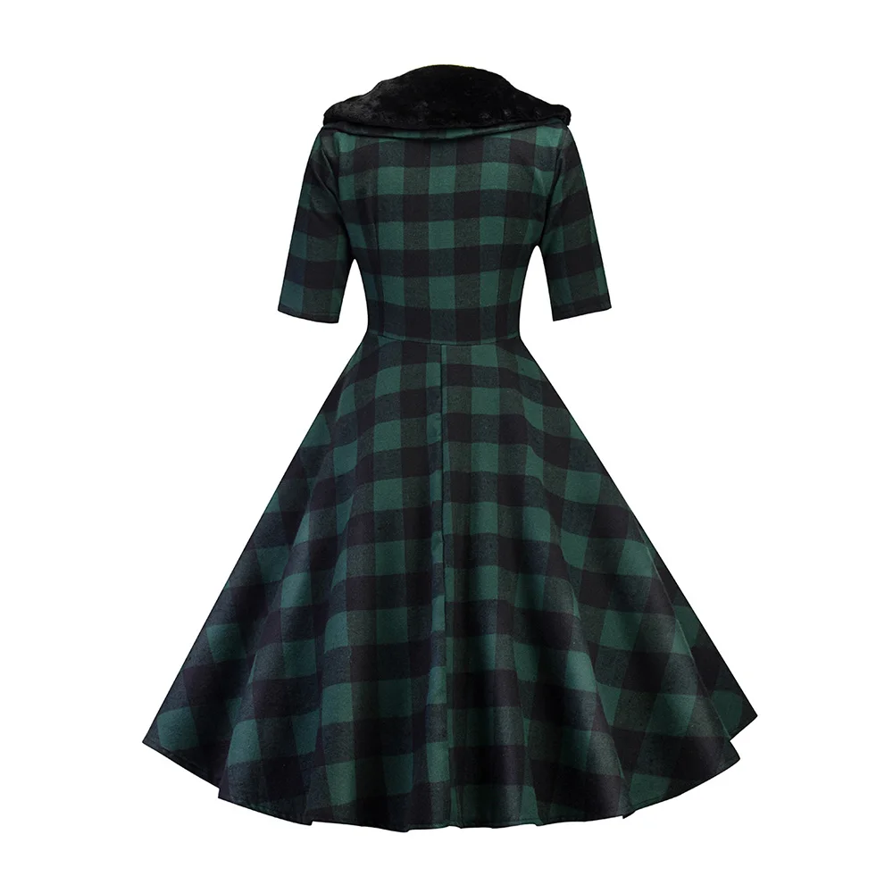 Женщина Винтаж платье 2018 Весна Красный Зеленый пледы лоскутное Питер Пэн