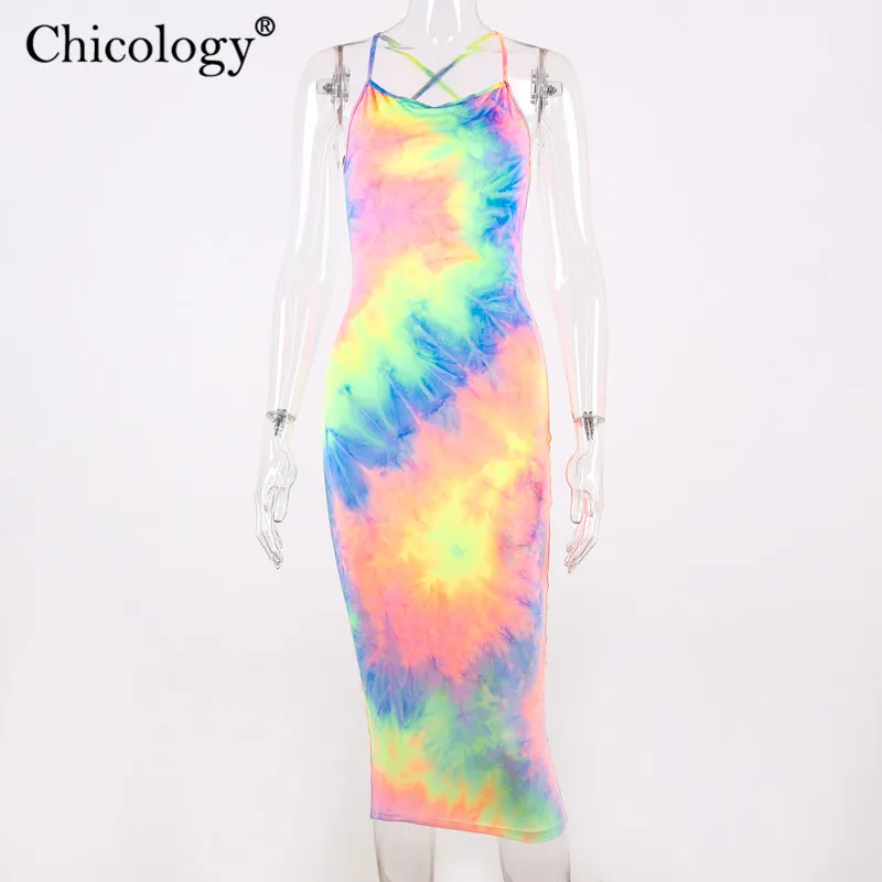 Chicology tie dye облегающее женское платье миди 2019 летнее соблазнительное с открытой