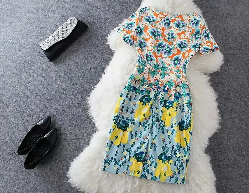 Diamond print elegant o neck super high quality runway standard 2014 summer fashion dress slim party sweet casual S XXL dresses|dress up dress|dress