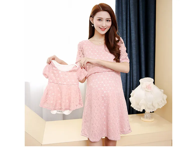 

2 Pcs Summer Mother Daughter Lace Dress White Pink Maternity Dress for Pregnant Women Breast feeding Dress Mom Baby Cloth Family