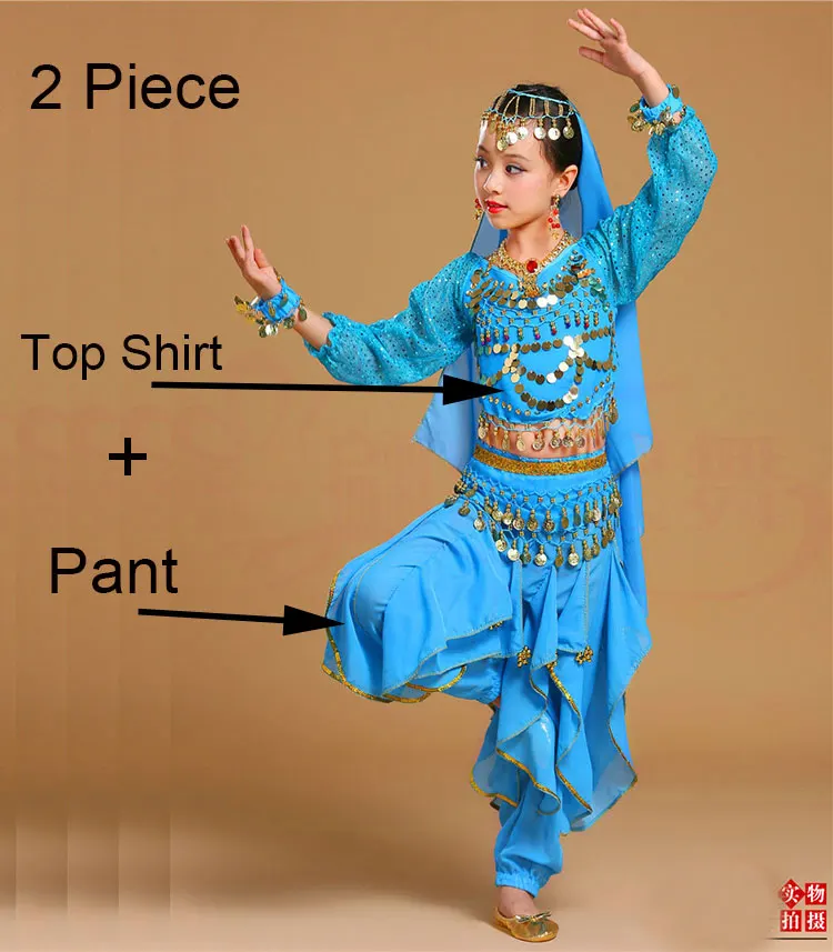 Lake Blue 2 Piece Костюм для танца живота с длинным рукавом для девочек, Детский комплект для индийского танца, детские костюмы для танца живота для девочек, египетские танцевальные костюмы - Цвет: Lake Blue 2 Piece