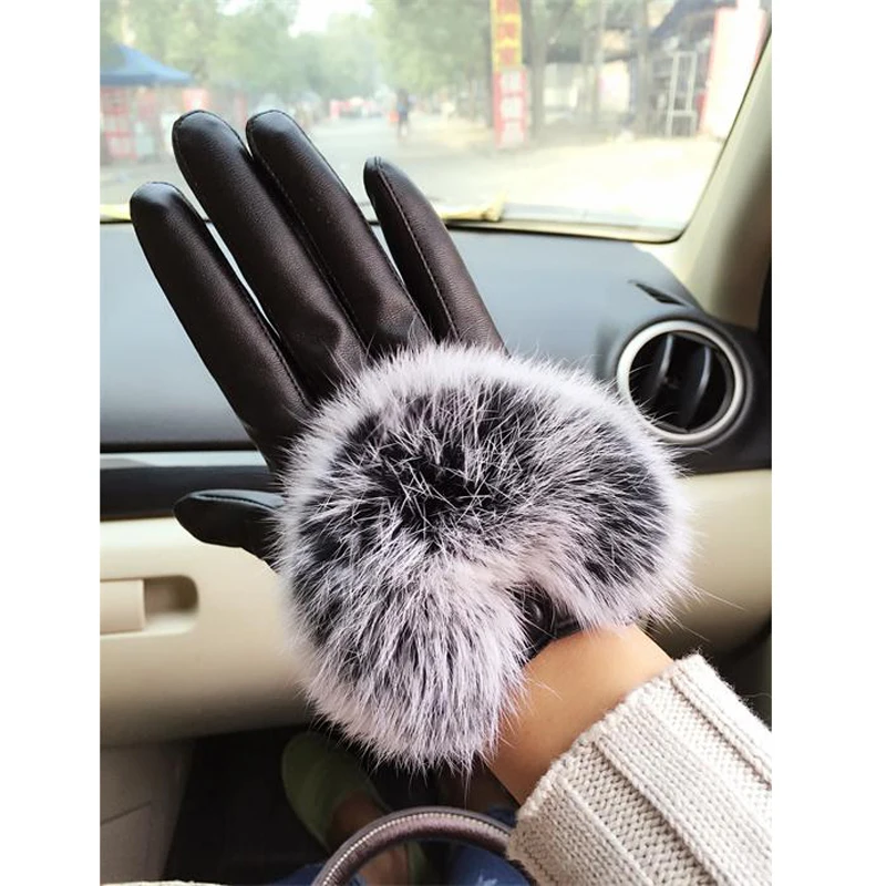 Осенние перчатки для женщин из натурального кроличьего меха теплые