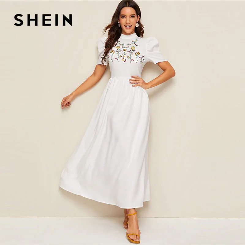 SHEIN модное платье макси с вышивкой и буфами на рукавах, женское скромное белое платье трапециевидной формы с высокой талией, женские летние длинные платья
