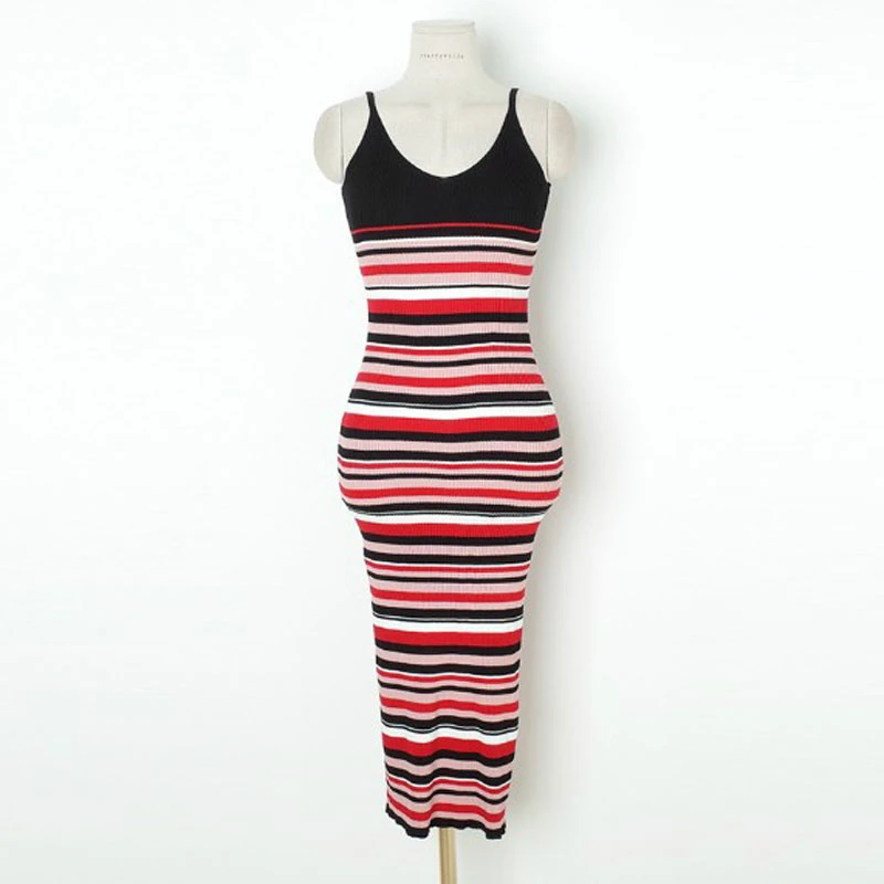 

Modis Streetwear Rainbow Korean Knitted Dress Women Sleeveless Print Striped Wrap Dress Women Blue Black Sheath Sweater Dress