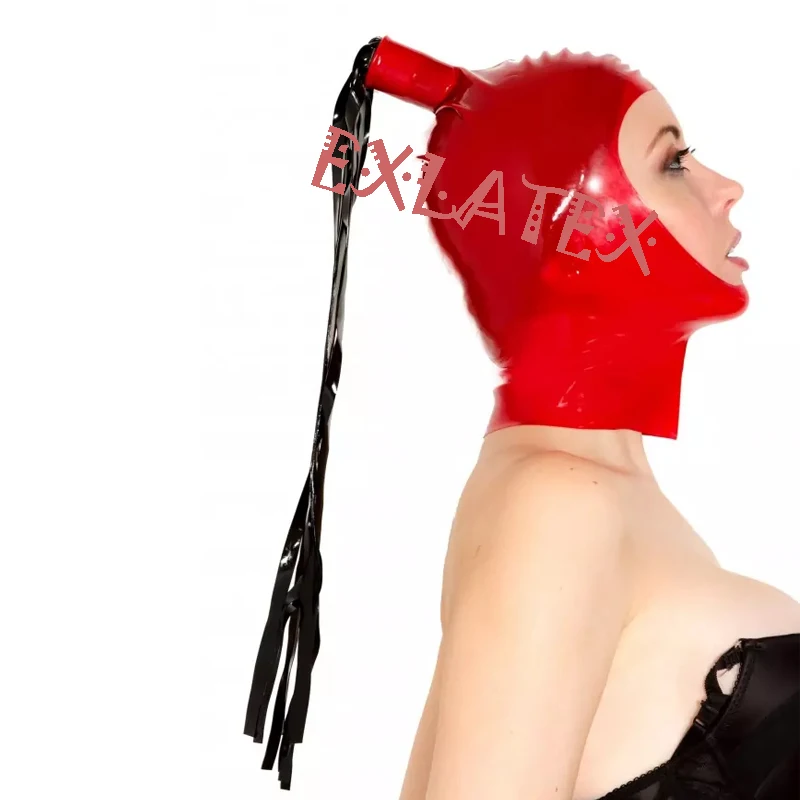 L Red and black hair Латексная капот унисекс латексная Фетиш-маска бондаж капот с открыванием лица конский хвост и пояс для волос вечерние кастомы Дэдпул Маска - Цвет: L Red and black hair