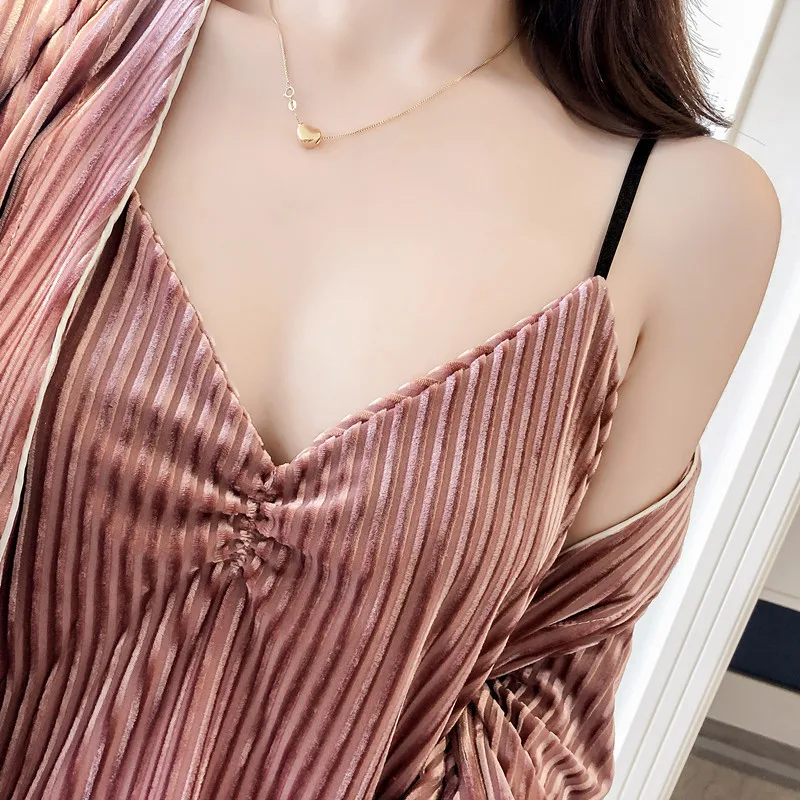MECHCITIZ Autumn Winter Women's Velvet Robe Gown Set New Arrival Kimono Bathrobe Sexy Sleepwear Robes Lingerie | Женская одежда