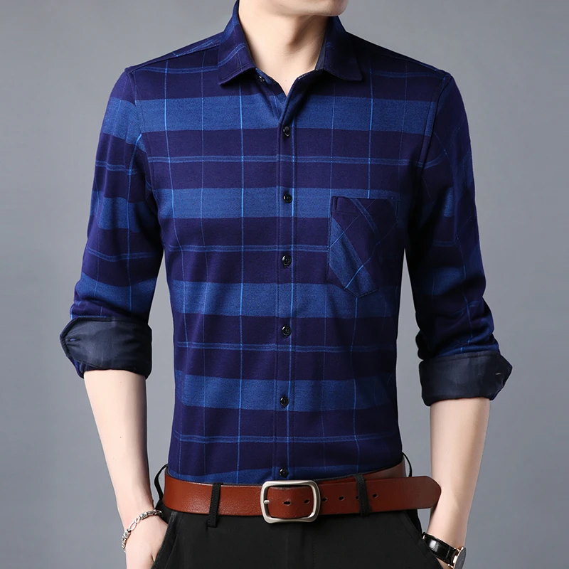 Fashion Men's Shirts Winter Thick Warm Check Male Social Men Business Casual Fleece Print Autumn Shirt Brand Clothing 4XL | Мужская