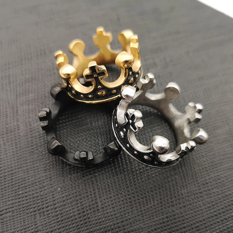 Античный цвет нержавеющая сталь Корона Кольца Мужская мода Крест палец кольцо
