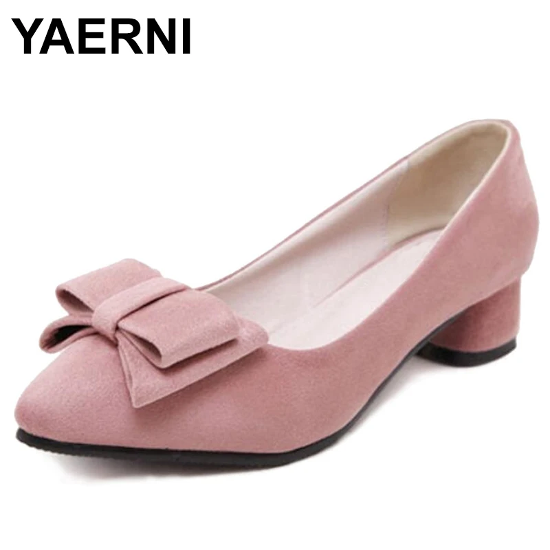 

YAERNI Spring 5cm pointed toe shoes woman scrub velvet low-heeled Bowtie zapatos mujer shallow mouth sweet pump small yards33-41