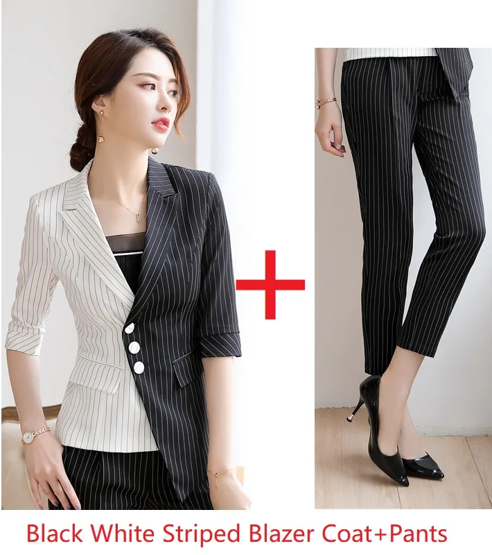 White Striped Модная темпераментная полосатая накидка с коротким рукавом деловой костюм профессиональный OL корейский стиль самосовершенствование костюм весна лето - Цвет: White Striped