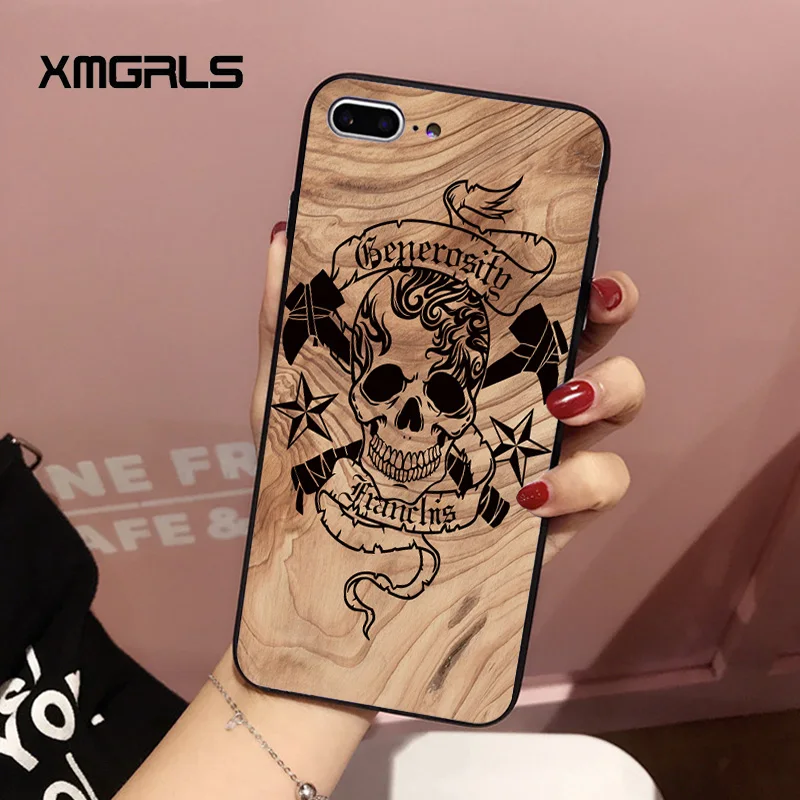 Xmgrls имитация дерева зерна череп для iPhone 7 случае узор Нескользящая PC матовый