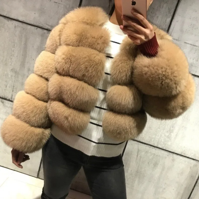 FURSARCAR New Fashion Natural Real Blue Fox Fur Women Natural Genuine Fur Jackets Coats Female 5 Row Short Outerwear Girls - Color: Khaki