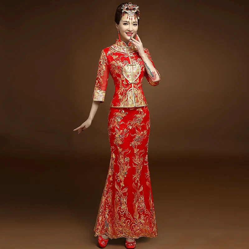 Красный вышивка китайский традиционный Чонсам сексуальные платья Qipao длинное свадебное платье восточные свадебные платья невесты