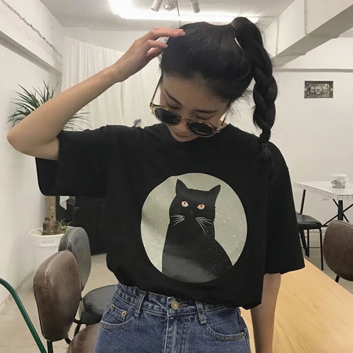 

2021 летняя стильная женская футболка, топ, Корейская футболка Ulzzang Harajuku Bf с принтом милого кота и коротким рукавом, Женские повседневные футб...