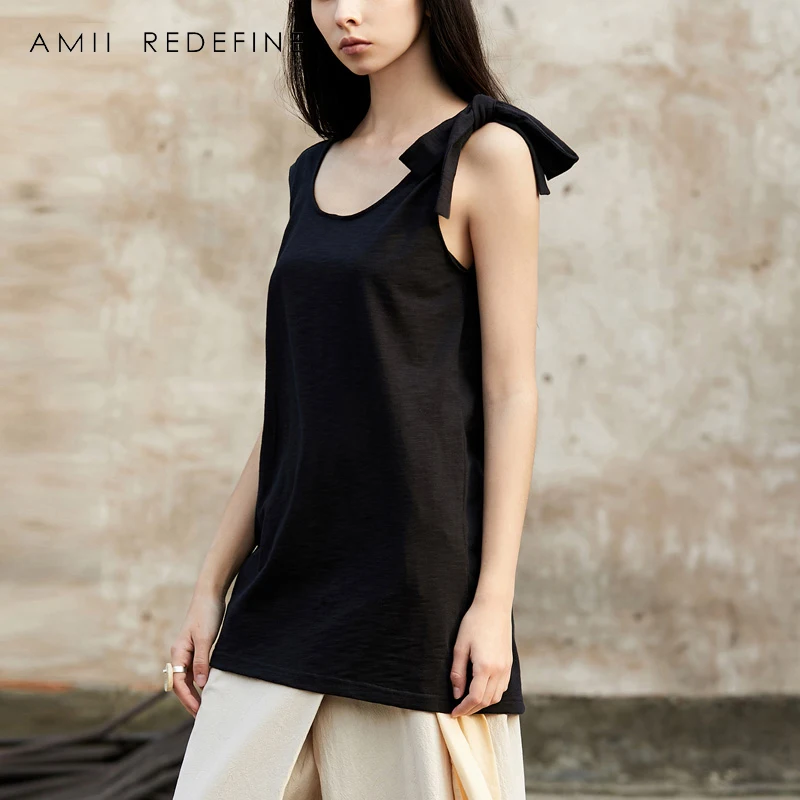 AMII REDEFINE Crop Top Summer 2018 T-shirts Causal Solid Bow Lace Up Ladies Cotton Shirts | Женская одежда