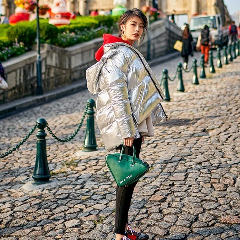 2018 короткая зимняя куртка Для женщин модные серебряного цвета яркая утепленная