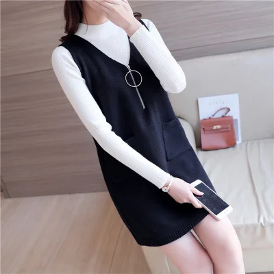 black knitted vest Вязаное платье Весна Женский вязаный жилет свободный длинный пуловер свитер женское платье без рукавов с v-образным вырезом Элегантное повседневное платье f097 - Цвет: black knitted vest