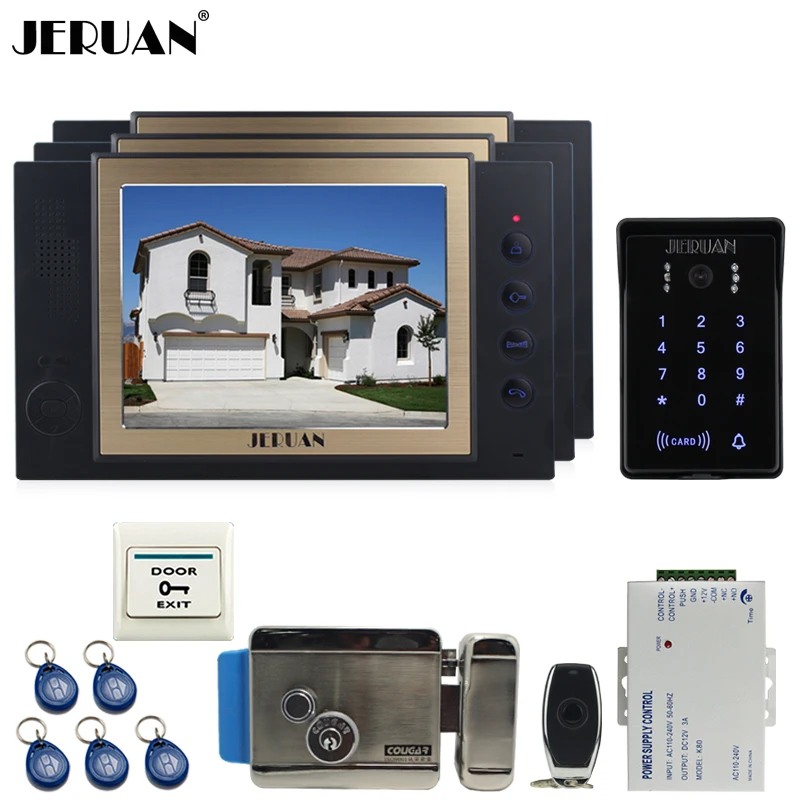 JERUAN Wired 8`` video doorphone Record intercom system kit 3 monitor New RFID waterproof Touch Key password keypad Camera 8G SD |