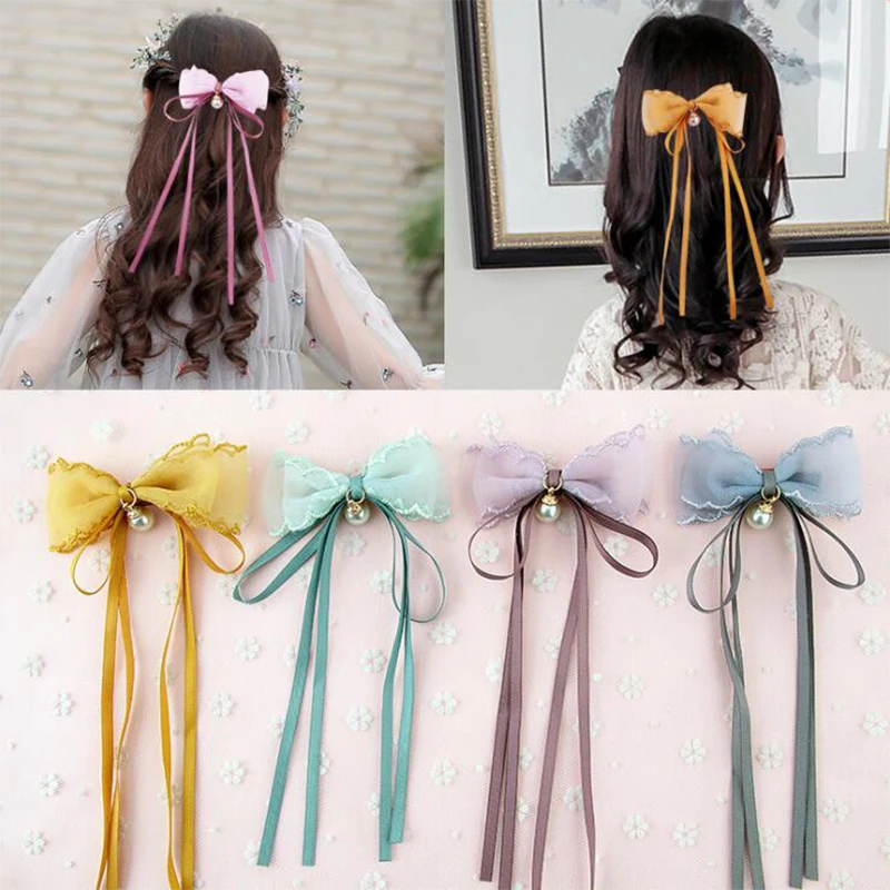Princess Lace Hair Clips Pearl Hand made Hairpins For Girls Glitter Knot Bows Fashion Kids Head wear Accessories | Детская одежда и