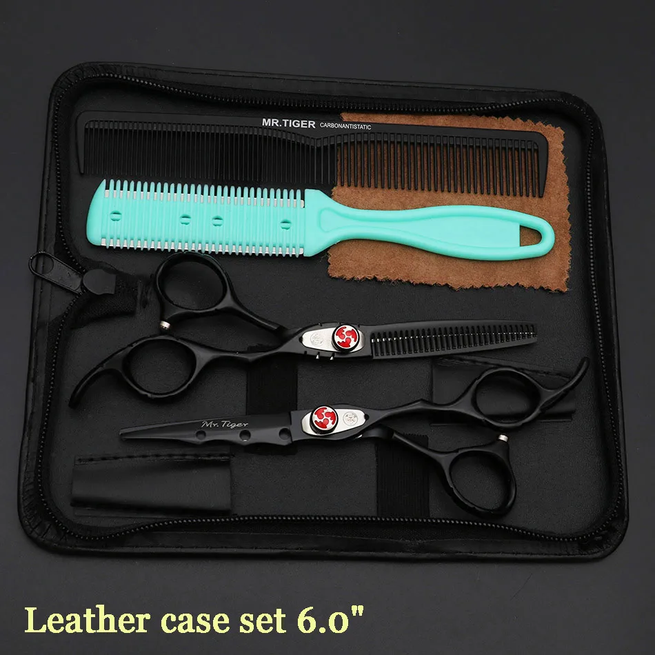 leather case set Острое лезвие 6,0 дюймов, парикмахерские ножницы, профессиональные ножницы для волос, набор 5,5, ножницы для стрижки волос, парикмахерские ножницы, Парикмахерская бритва - Цвет: leather case set
