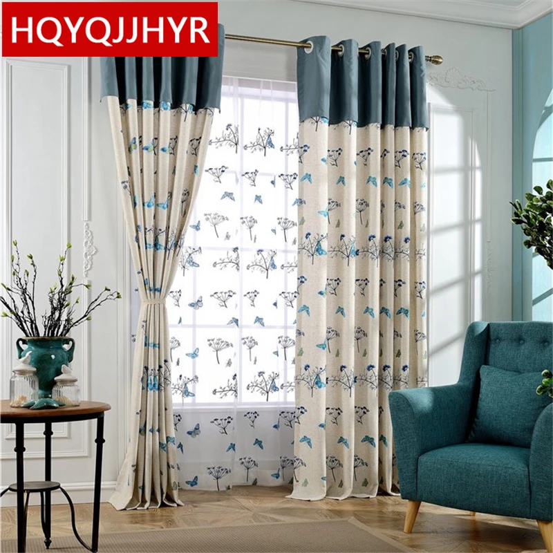 Высококачественная пасторальная хлопковая льняная синяя бабочка с вышивкой