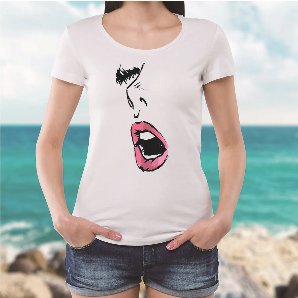 Футболка женская с принтом губы пикантный Повседневный свободный белый топ