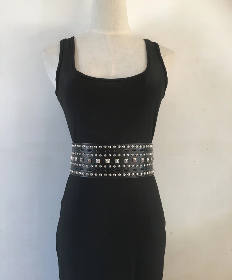 New Fashion Punk Metal Rivet Elastic Waist belt Unisex Wide Belt Hollow out Cummerbund for Women Girdle Dress Decoration | Аксессуары