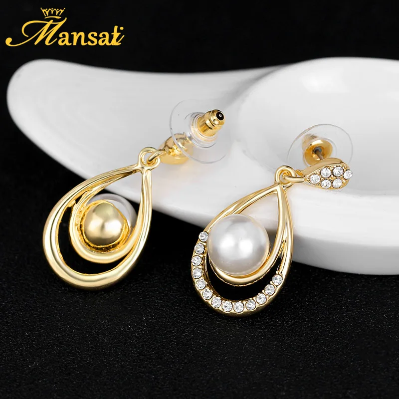 Mansati золото Цвет искусственного жемчуга Длинные висячие серьги Свадебные