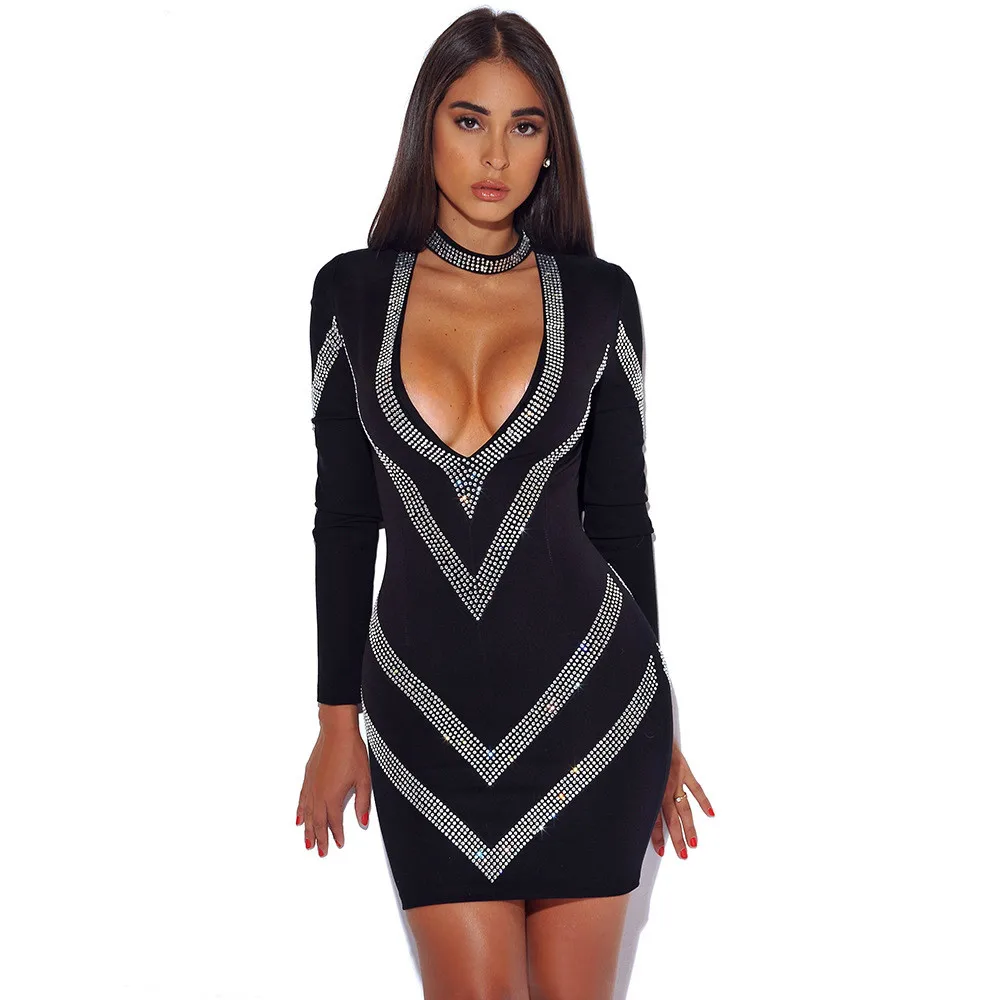 Женское облегающее платье средней длины с v-образным вырезом длинным рукавом и