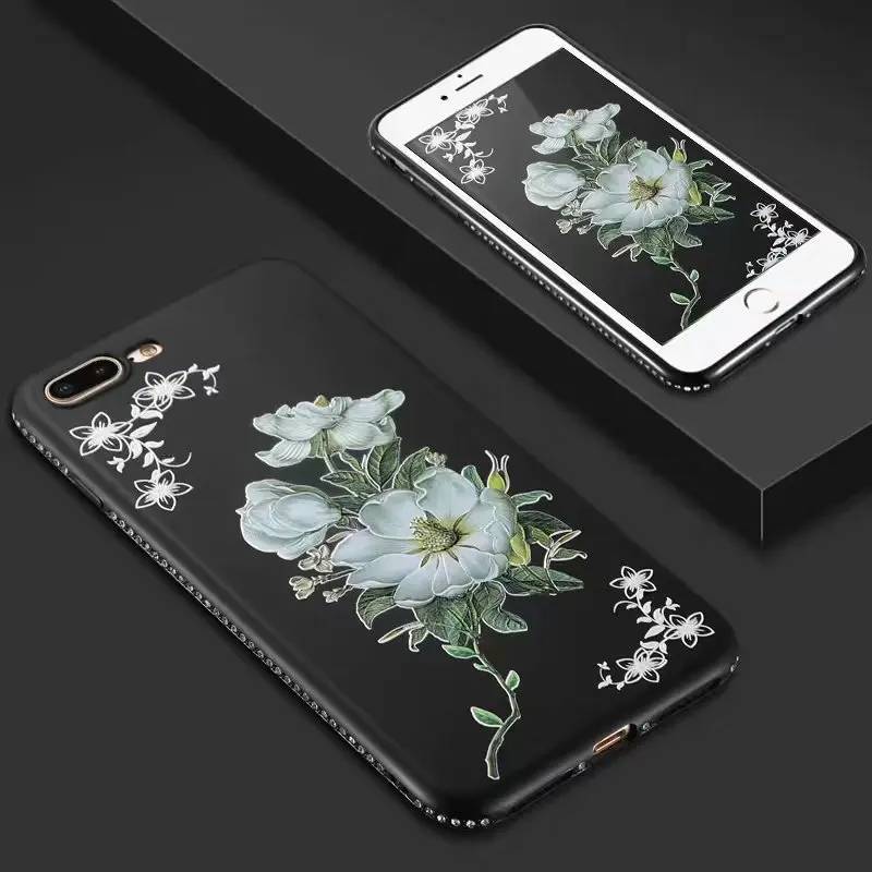 

Wholsale Rhinestone Case For iPhone 5 5s SE 6 6s 7 8 Plus X Luxury 3D Relief Flower Pattern Soft Silicone Protective Cover