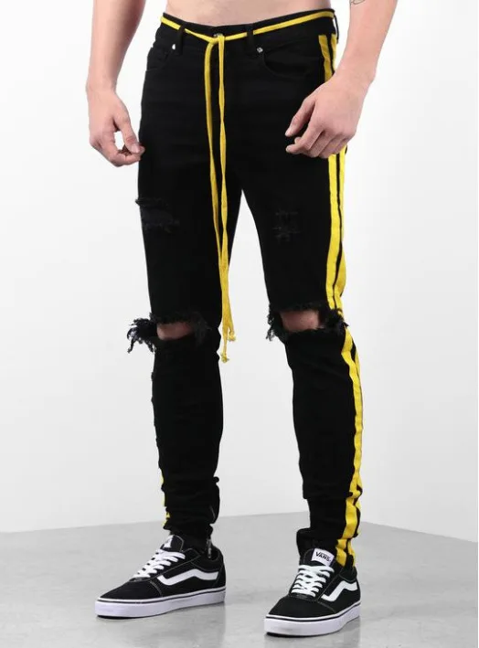Новый Masculina Pantalones Для мужчин джинсы Para эластичные желтый лямки черный