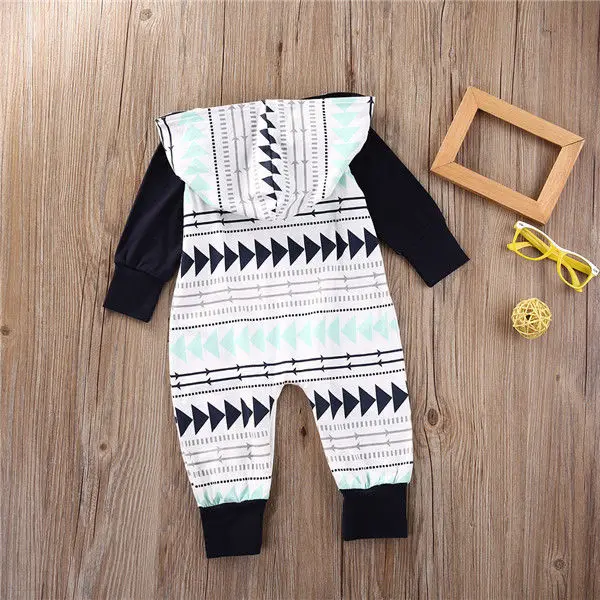 Newborn Baby Boys Infant Hooded Romper Jumpsuit Long Sleeve Autumn Winter Children Clothing Black White Cotton Clothes Outfits |